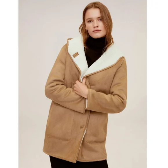 Mango Frigo Faux Shearling Lining Tan Hooded Coat Jacket Size S - Picture 2 of 8